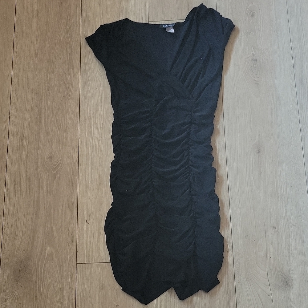 Taboo Black Bodycon Mini Dress with Ruched Detail and V-neck